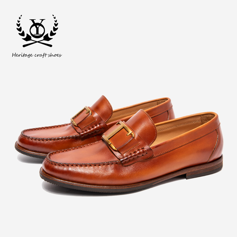 乐福鞋男真皮一脚蹬休闲男鞋商务正装男士皮鞋固特异手工豆豆鞋