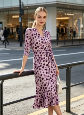 maSande 法式粉色波点豹纹印花连衣裙女2026夏季新款鱼尾裙裹身裙