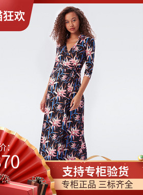 DI DVF2023夏季新款栀子花翻领七分袖长款裹身裙气质优雅绑带开叉
