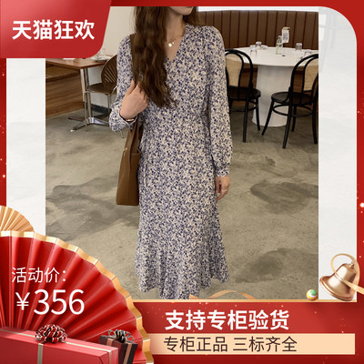 DI DVFV领蓝色碎花连衣裙女中长款2023夏季新款温柔风长裙气质韩
