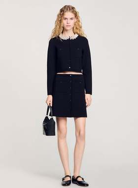 maSande法国S家25春夏新款女装法式黑色A字短款针织半身裙JU01359