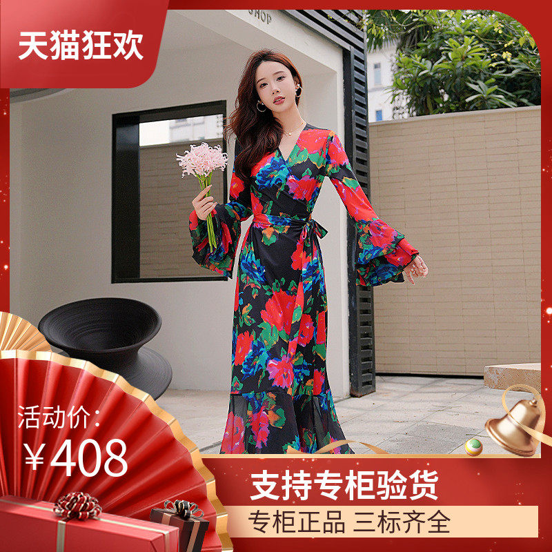 DI DVF牡丹花灯笼袖无领长款连衣裙一片式气质新款豹纹印花V领系