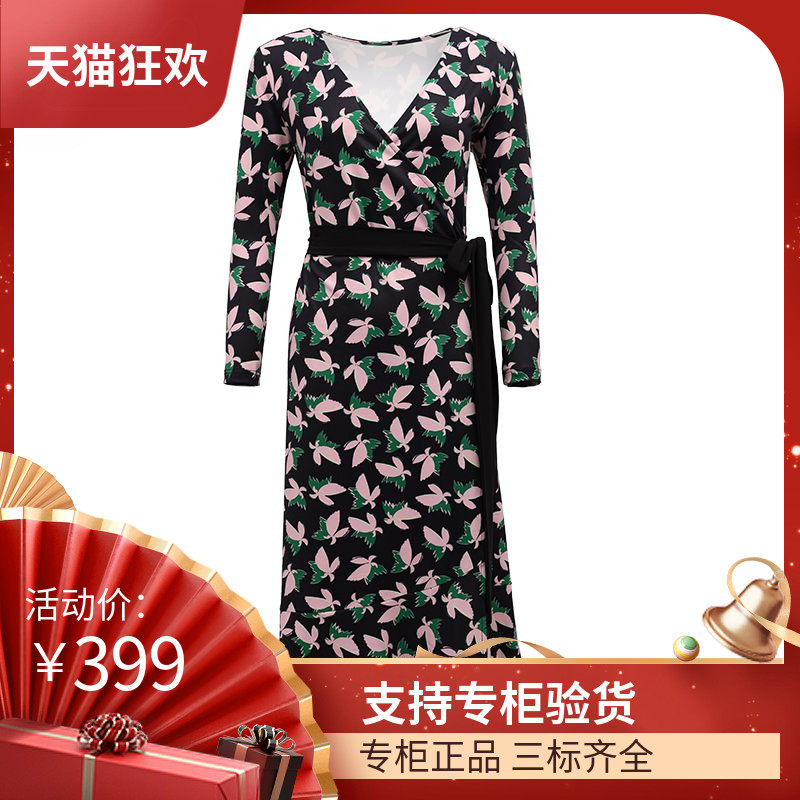 DI DVF连衣裙2023春夏v领系带显瘦裹身裙黑底粉蝶鱼尾裙长袖款