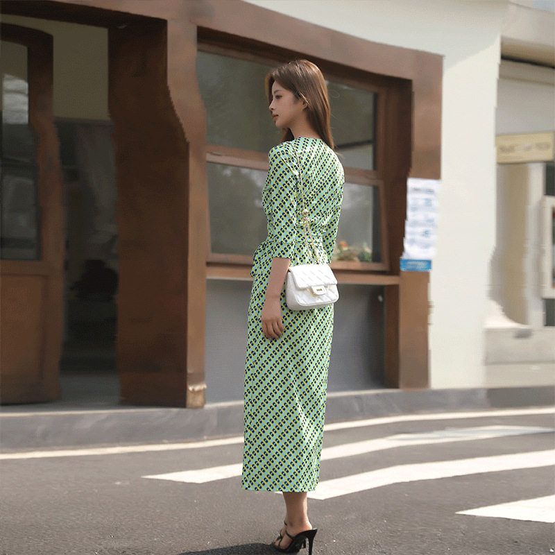 PG DVF2024夏季女装新款V领开叉气质修身显瘦裹身长裙碎花连衣裙