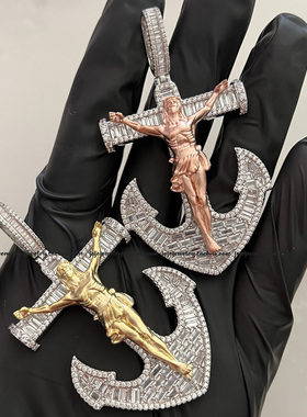 船锚十字架吊坠T方钻拼镶嵌闪钻嘻哈hiphop项链配饰Cross Pendant