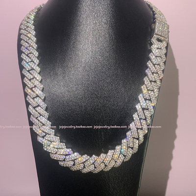 s925银镀18K白金菱形古巴链嘻哈