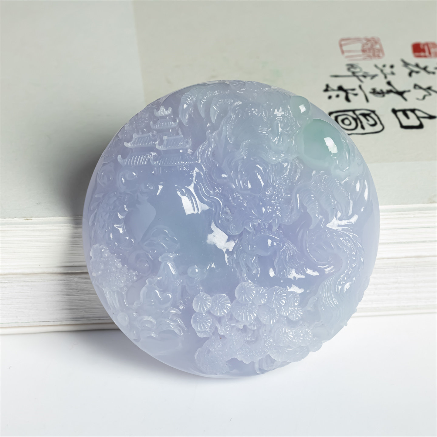 缅甸天然翡翠a货冰种紫罗兰阳绿山水牌吊坠龙牌男女款圆牌玉挂件