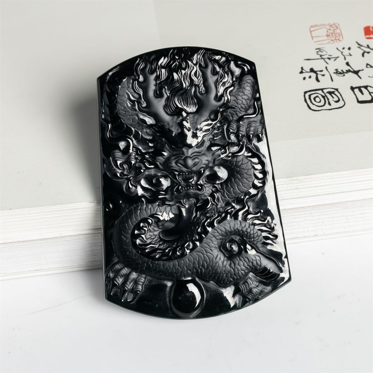 天然翡翠a货老坑冰糯墨翠龙牌吊坠男女款生肖龙毛衣链一级黑挂件