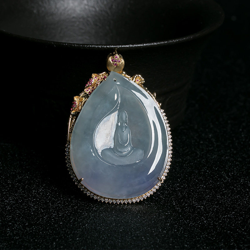 翠贵人缅甸翡翠冰种无相佛吊坠 18k金镶嵌紫罗兰自在佛吊坠 正品