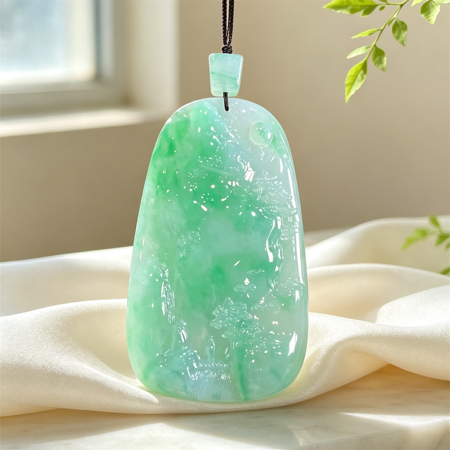 翠贵人冰种阳绿老坑山水意境牌