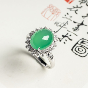 缅甸天然翡翠A货老坑冰种阳绿蛋面戒指18K高档女款冰绿戒面玉戒圈