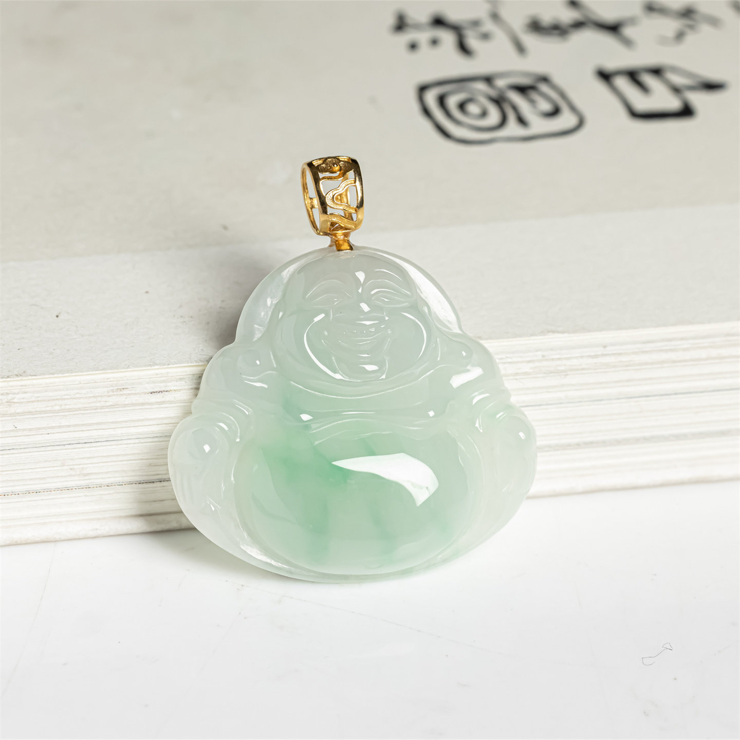 缅甸天然翡翠a货冰糯种阳绿弥勒佛吊坠18K冰绿佛女款平安佛公挂件