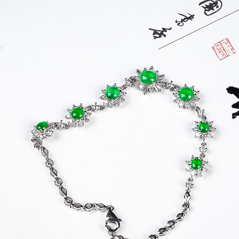 缅甸天然翡翠晴绿色女款精品18K金冰种戒面翡翠手链高档冰绿手串