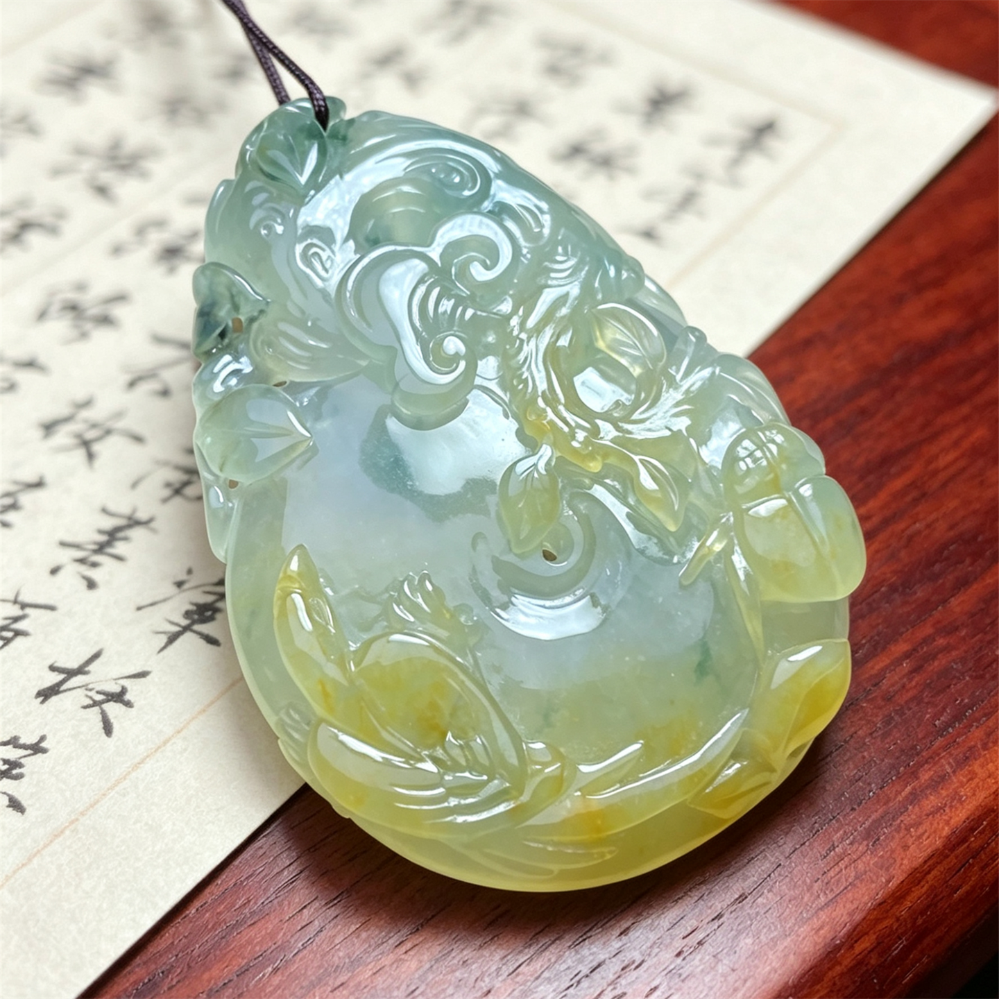 翠贵人冰种黄翡飘花福贝如意吊坠