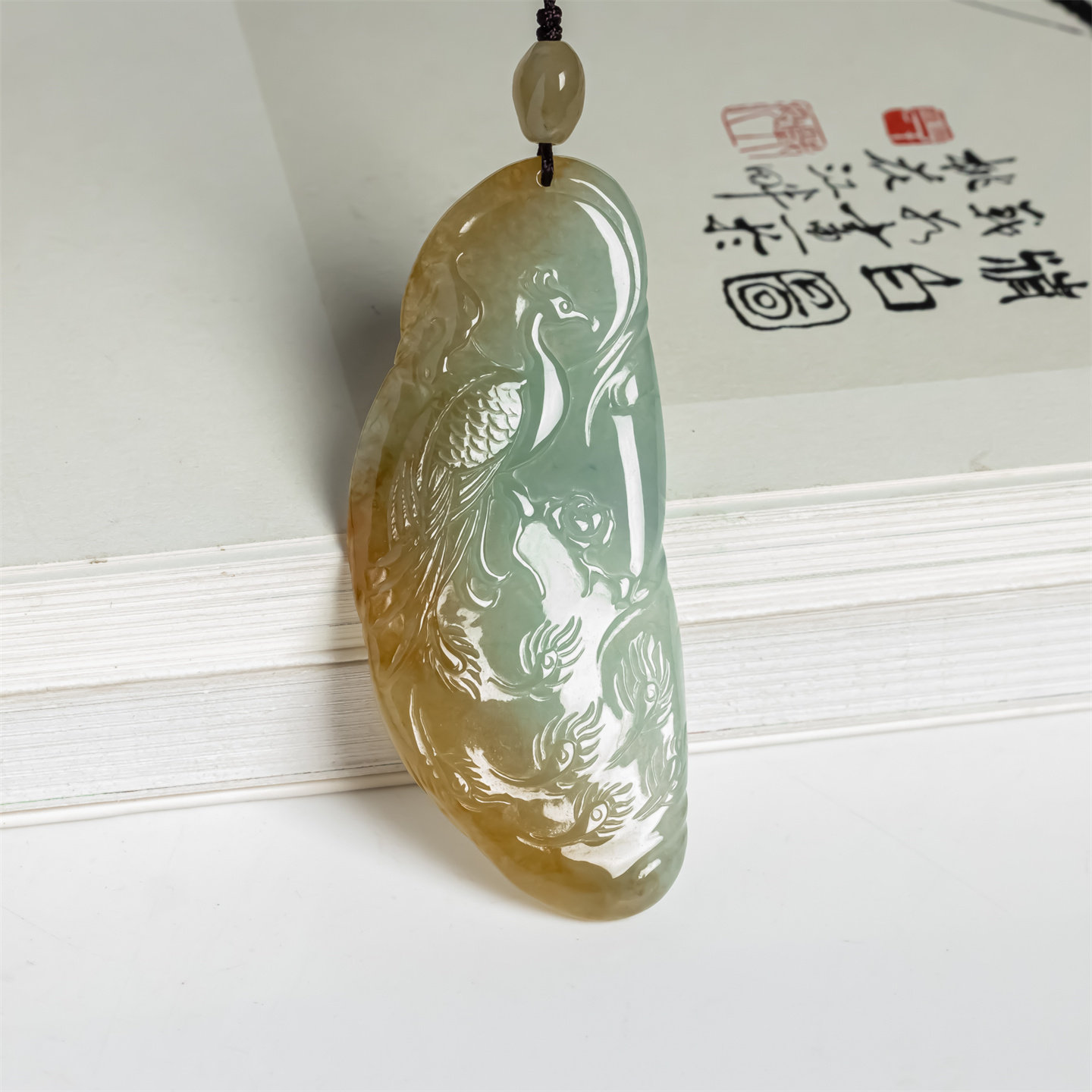 缅甸天然翡翠a货冰种双彩黄翡凤凰吊坠女款毛衣链花开富贵玉挂件