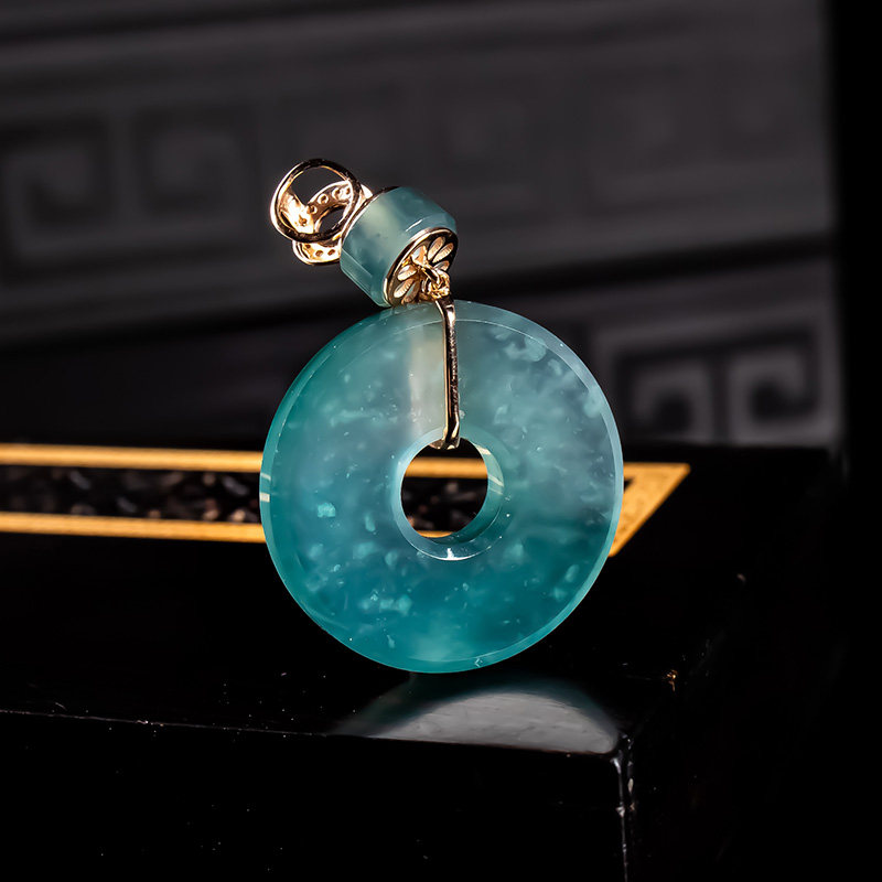天然翡翠a货18k金冰种老蓝水平安扣翡翠吊坠 平安圆扣冰蓝挂件