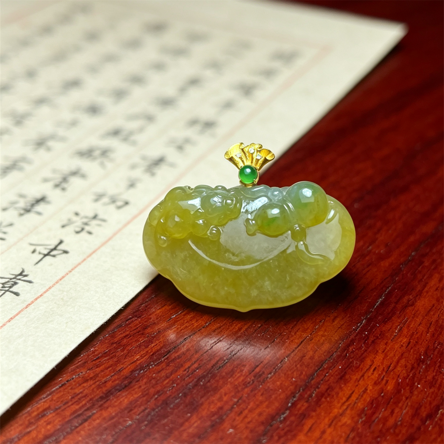 翠贵人18K黄翡飘绿吉祥如意吊坠