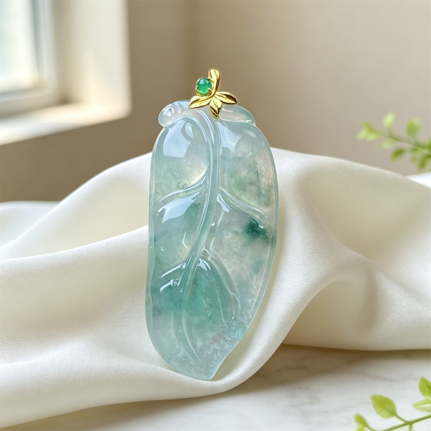 翠贵人18K冰种飘花金枝玉叶吊坠