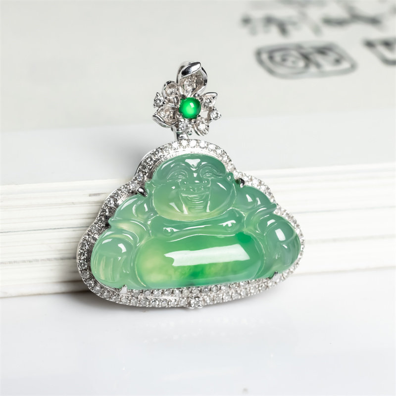 缅甸天然翡翠A货冰种阳绿弥勒佛镶嵌吊坠18K冰绿女款佛公挂件老坑