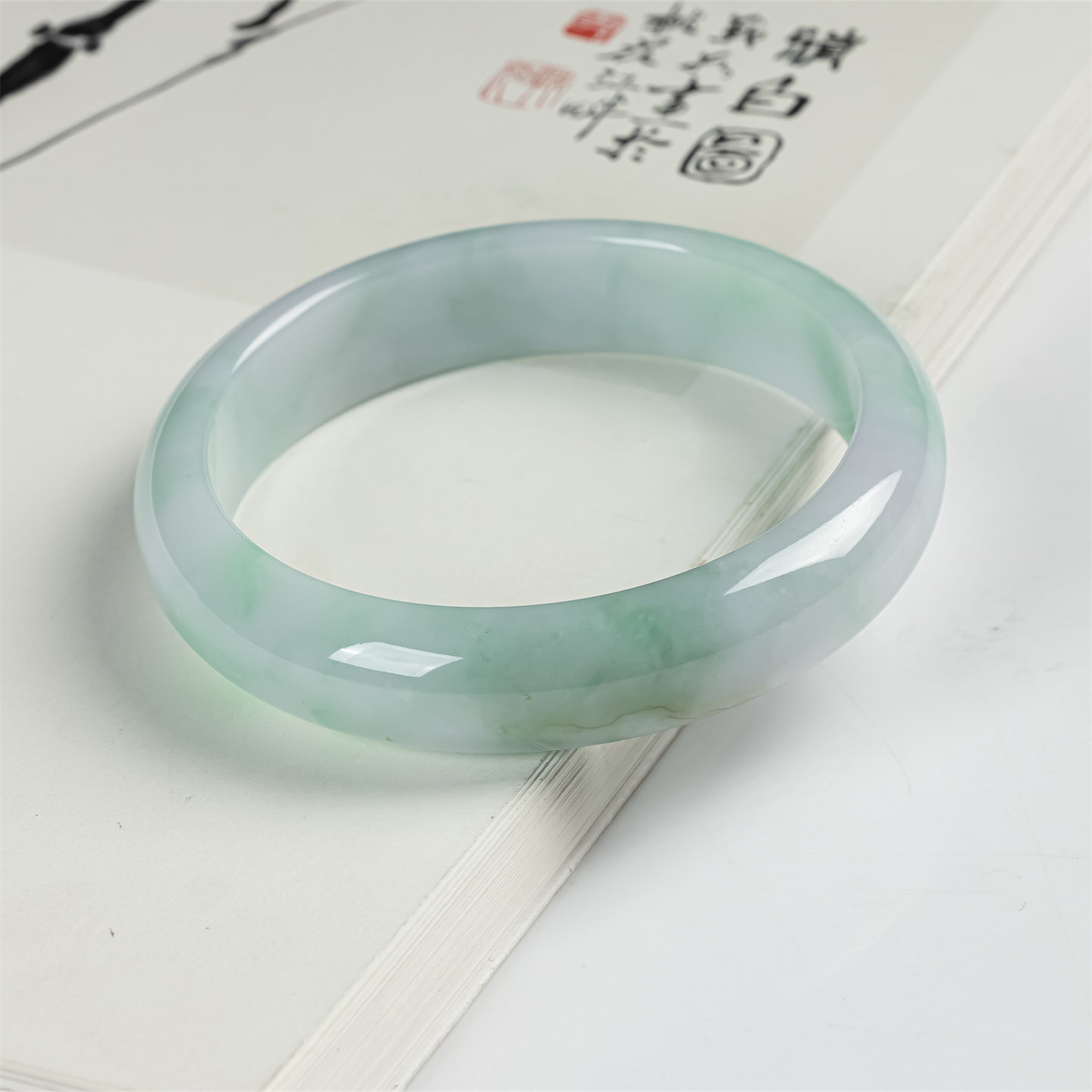 缅甸天然翡翠a货冰糯种飘阳绿57.5圈翡翠手镯女款老坑冰绿圆镯子