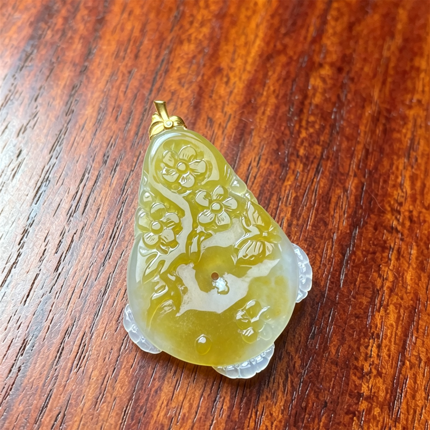 缅甸天然翡翠a货冰糯种黄翡复古平安扣吊坠18K男女款花开富贵挂件