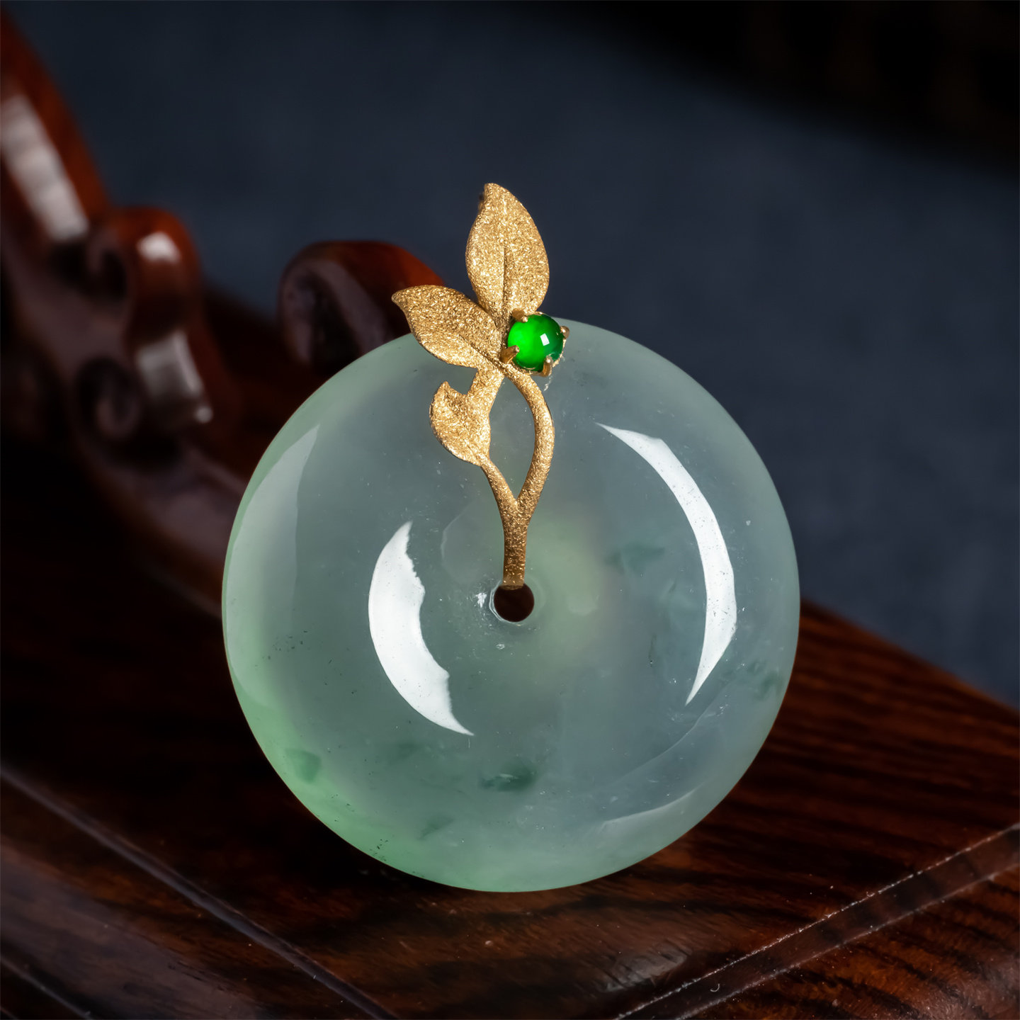 缅甸天然翡翠A货冰糯种飘花平安扣吊坠18K金老坑男女款平安玉挂件