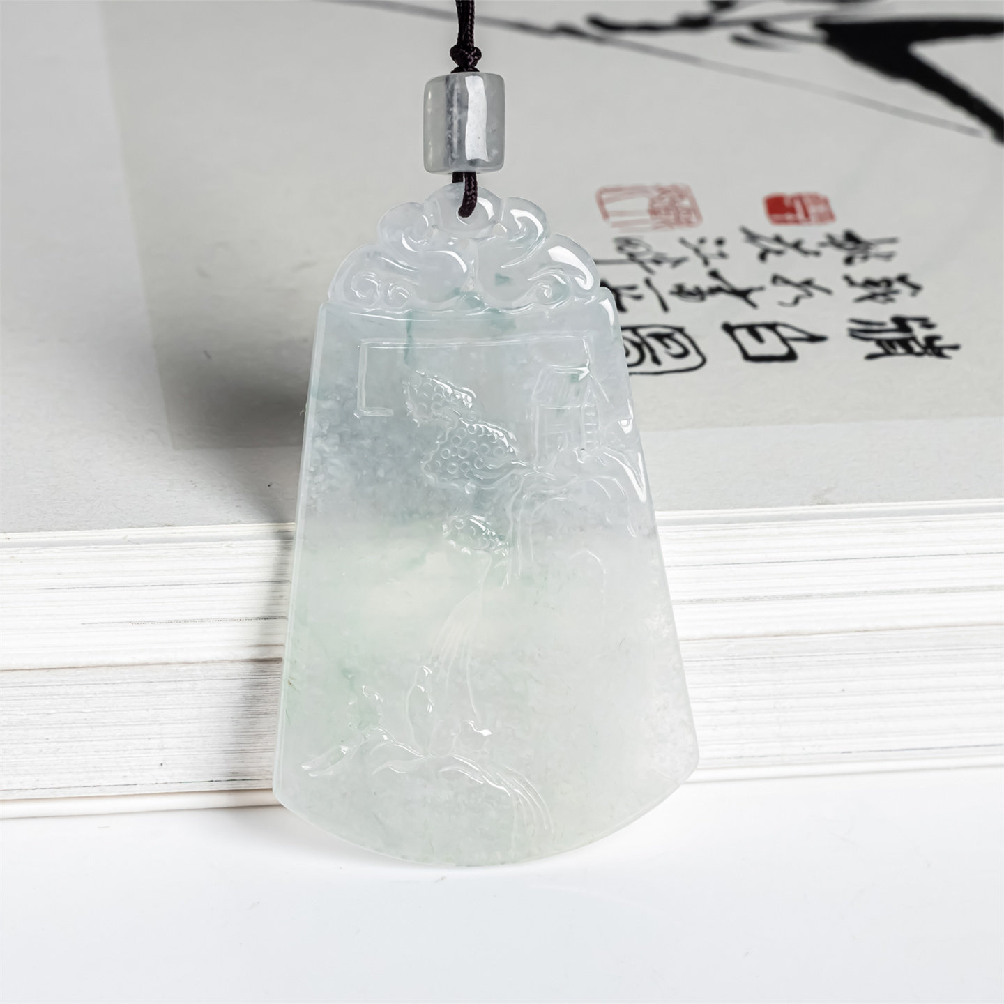 缅甸天然翡翠a货冰种山水意境牌吊坠男女款冰透顺风顺水如意吊坠