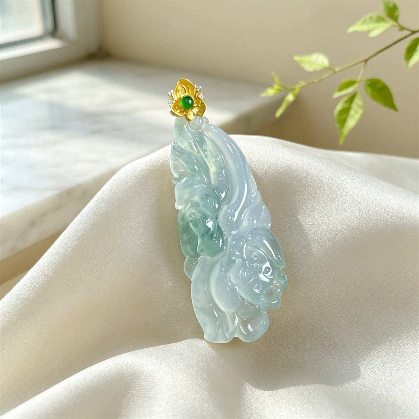 翠贵人冰种飘花18K花开富贵吊坠