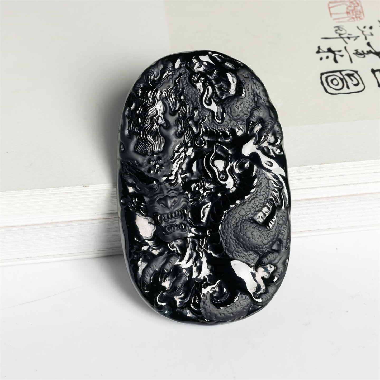 天然翡翠A货老坑一级黑墨翠龙牌如意吊坠男女款毛衣链冰糯种挂件