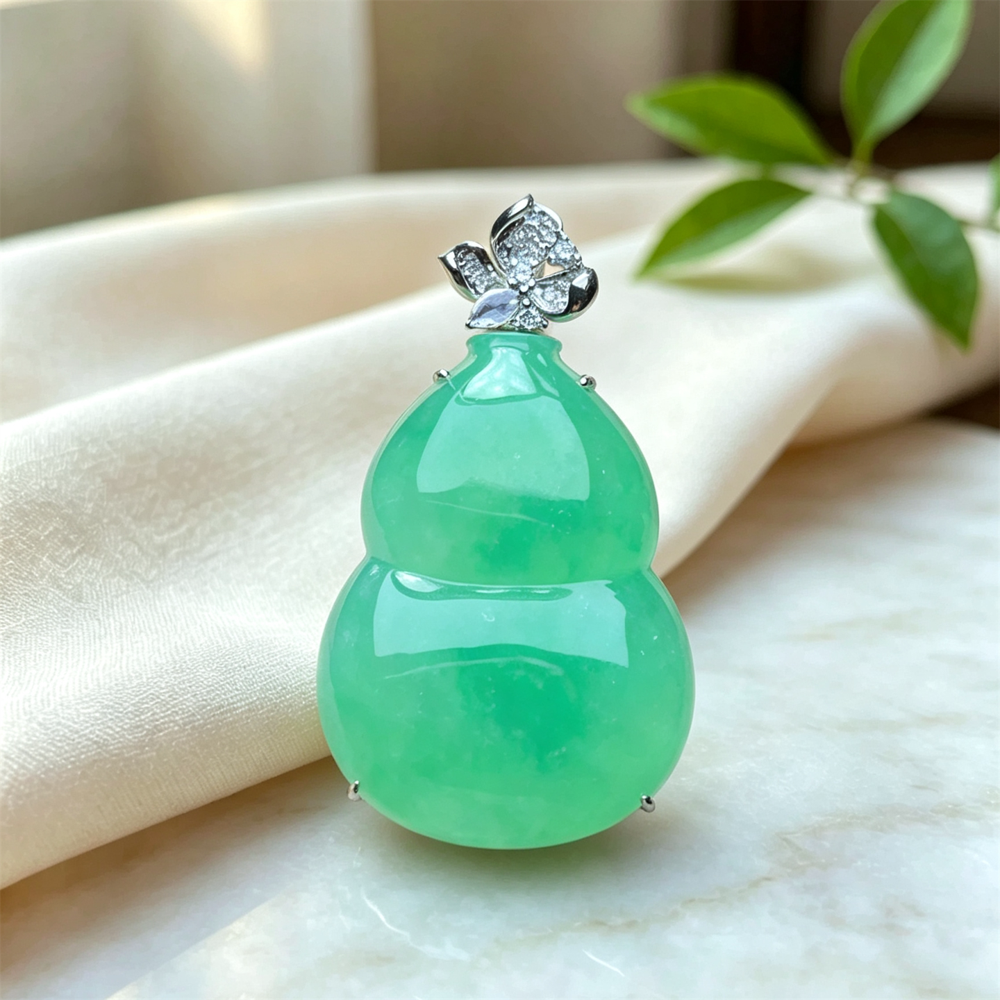 翠贵人冰种阳绿18K葫芦如意吊坠