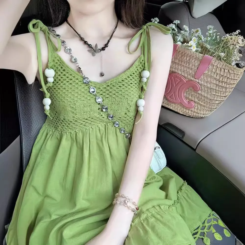 牛油果绿针织镂空吊带连衣裙女夏连衣裙