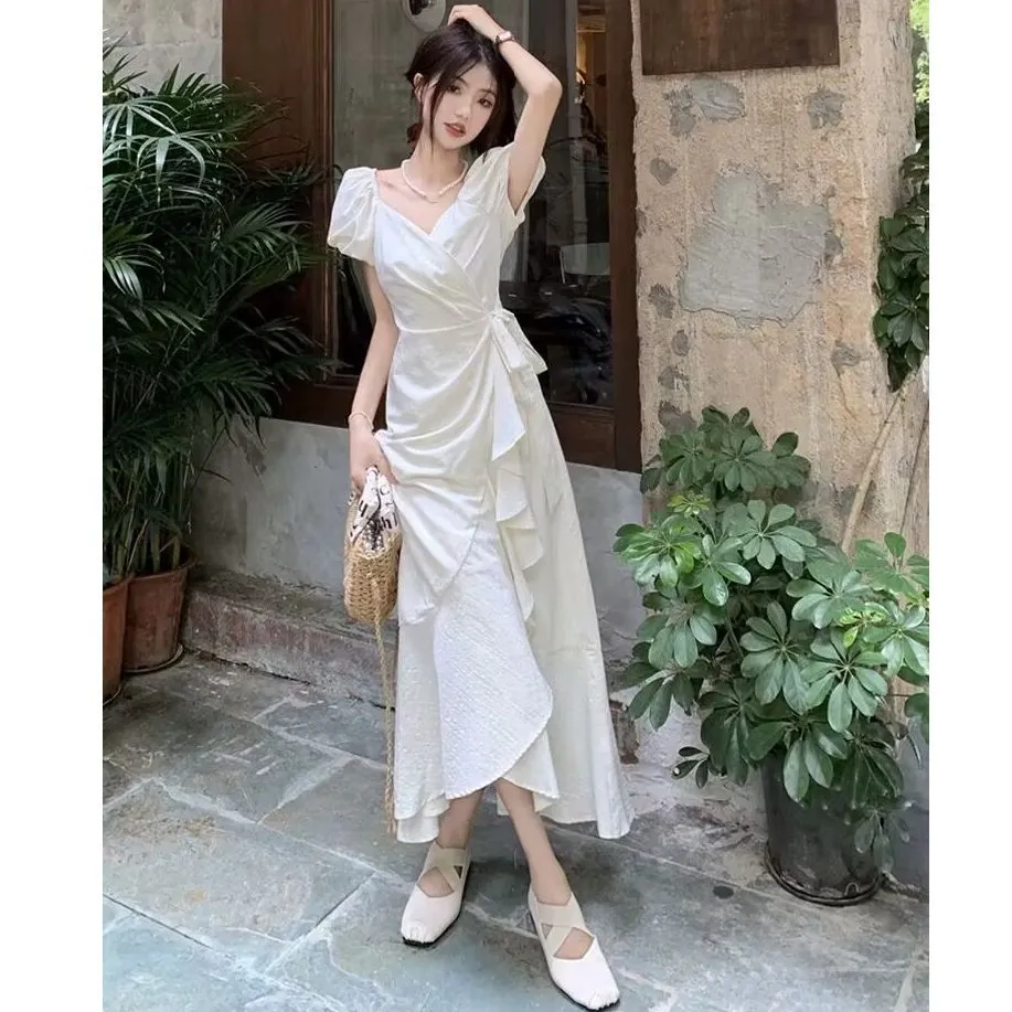 白色V领系带短袖连衣裙女夏季新连衣裙