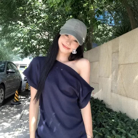 T恤潮修身气质不规则短袖百搭休闲夏季华夫格上衣斜肩显瘦女2025