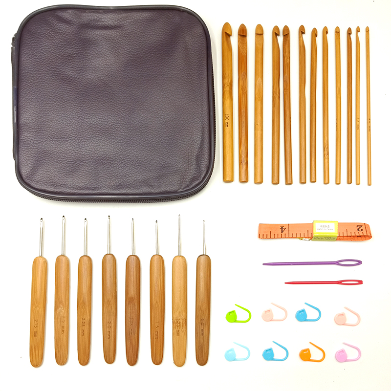 竹柄金属钩针工具套装毛线编织竹木制勾针布条线钩地毯加粗钩针