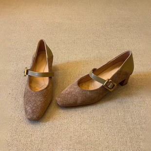 「卡鹿莉 KLULI」玛丽珍防滑粗跟方头通勤时尚简约小香风芭蕾鞋