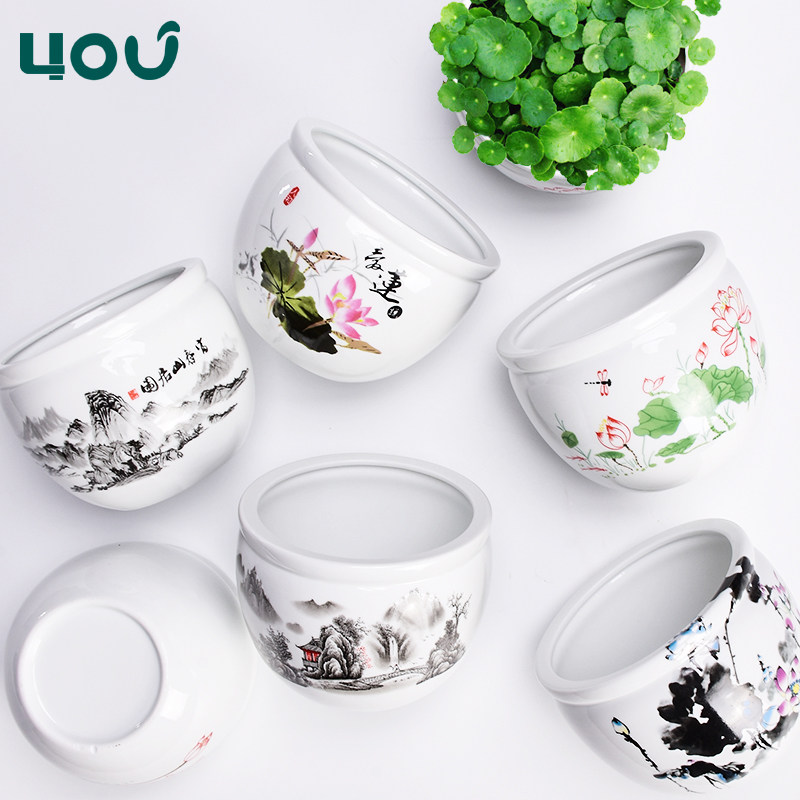 碗莲水培花盆铜钱草专用陶瓷盆缸绿萝水养睡莲白色圆形无孔容器小