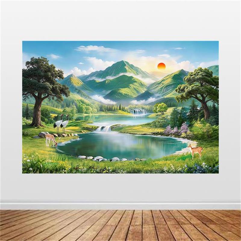 聚宝盆山水风景画旭日东升客厅沙发背景装饰画靠山图办公室聚财画