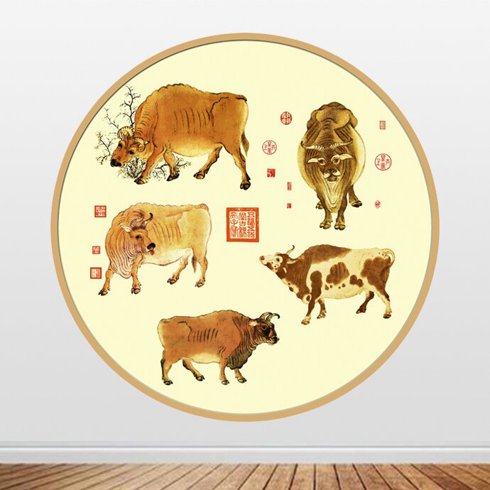 圆形五牛图自粘画五牛贴画风水装饰贴画五头牛防水自粘贴墙画定制图片