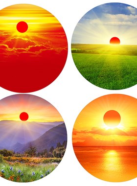 圆形红太阳自粘画旭日东升招财风水画日出红日画芯装饰画定制