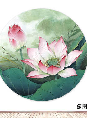 莲花贴画圆形自粘画玻璃门风景