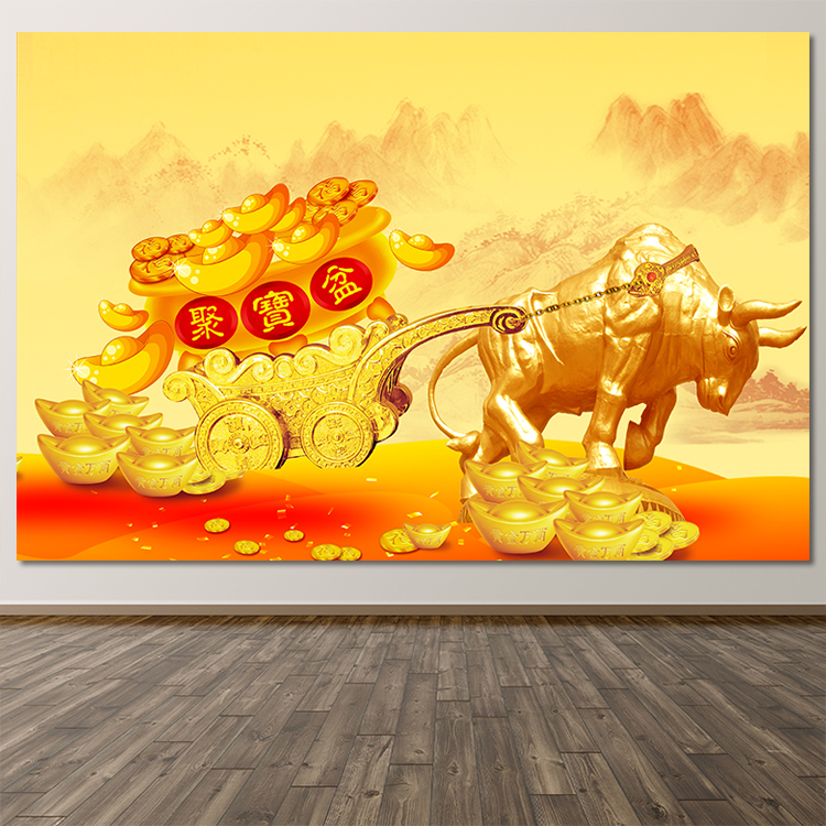 金牛拉车挂画聚宝盆金山金元宝画聚财自粘风水画牛挂画家居装饰画