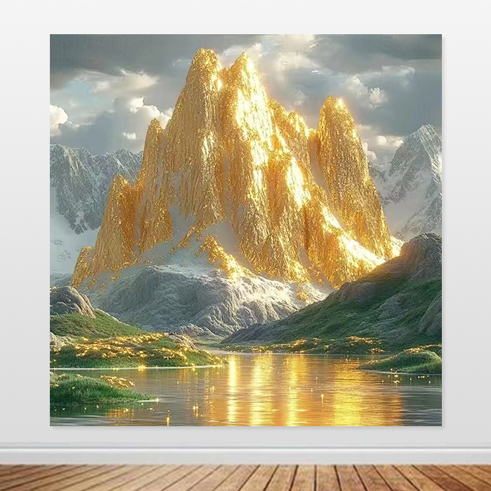 日照金山装饰画财运滚滚招财画金山客厅走廊办公室金色山水自粘画图片