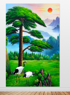 青松装饰画风景画松鹤延年挂画迎客松自粘画贴青松白鹤贴画定制