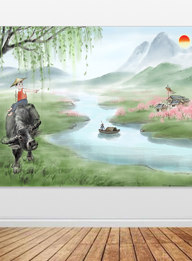 春牛图新居装饰画牧童放牛年画骑牛图案乔迁春天美景日出贴墙画