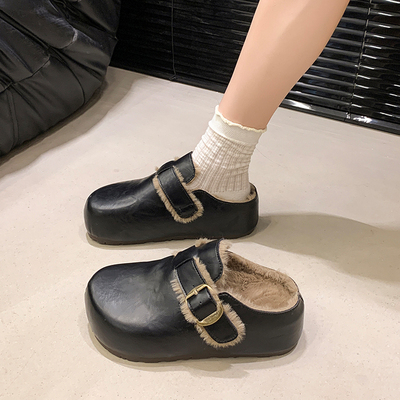 厚底皮面包头棉拖鞋毛毛勃肯鞋