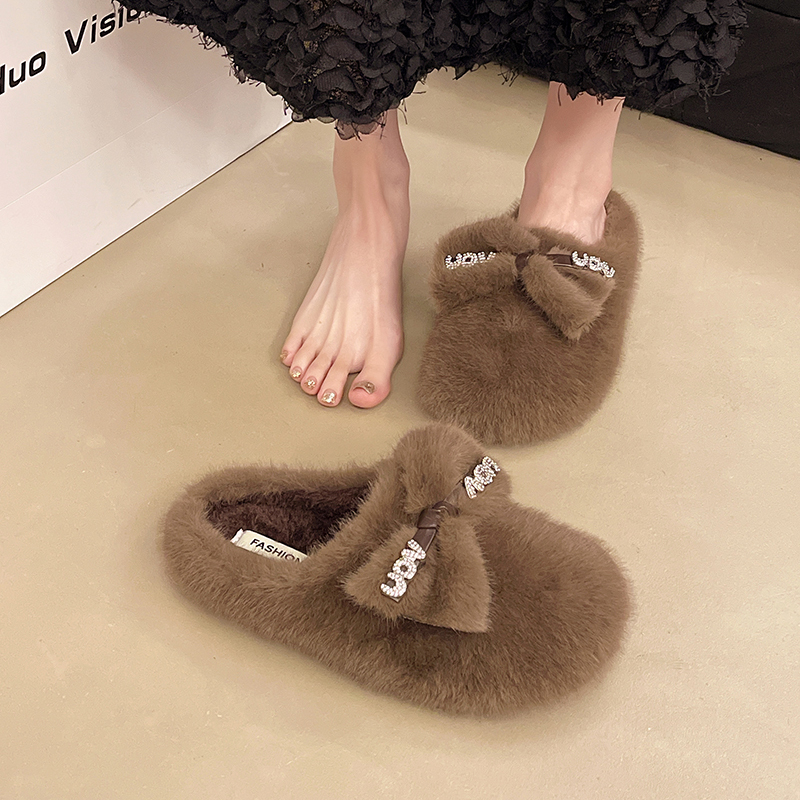 仙女风平底蝴蝶结包头毛毛拖鞋