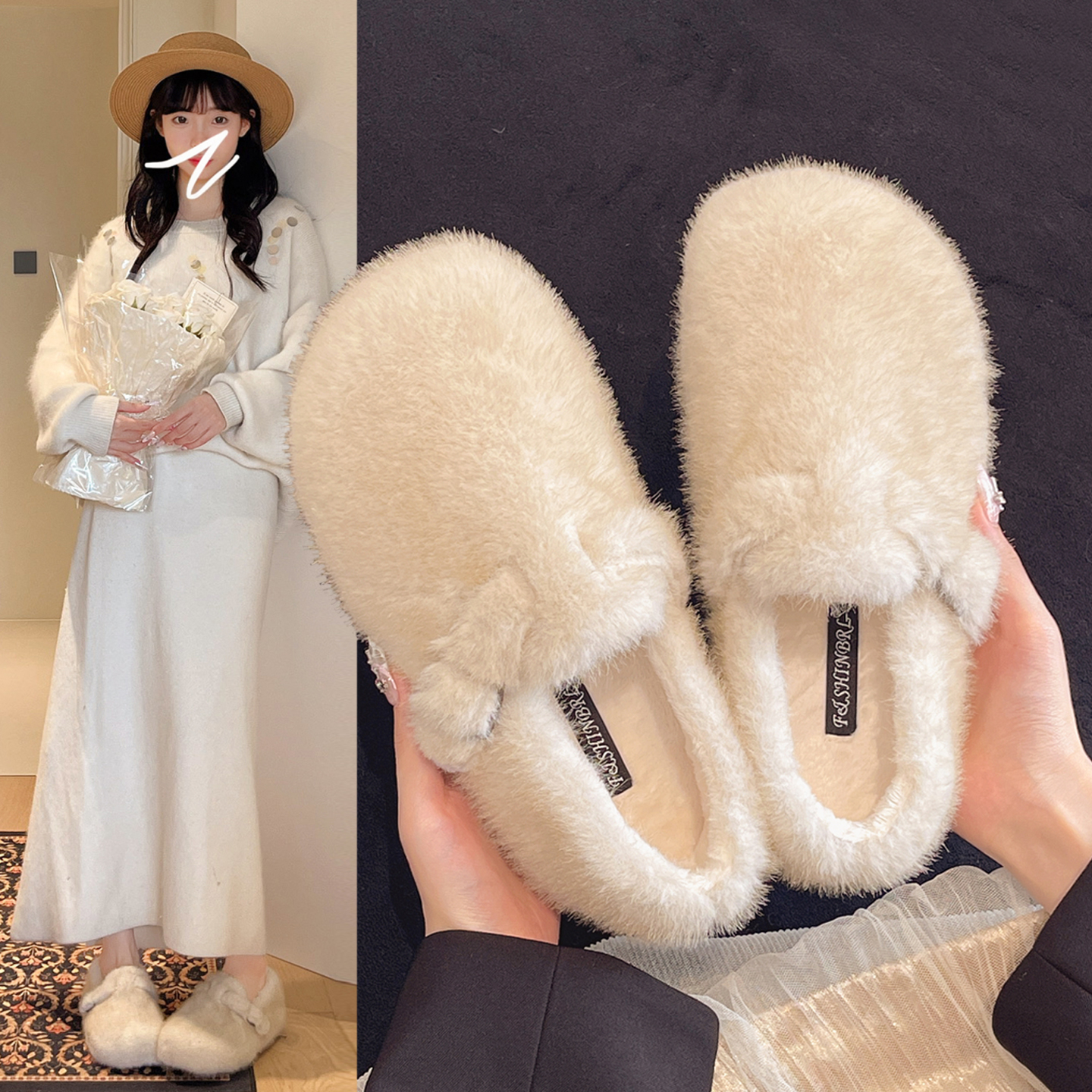 平底加绒毛毛鞋一脚蹬豆豆棉鞋