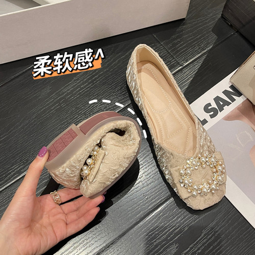 仙女风珍珠方扣豆豆鞋平底单鞋