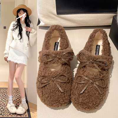 蝴蝶结羊羔毛毛鞋加绒玛丽珍鞋