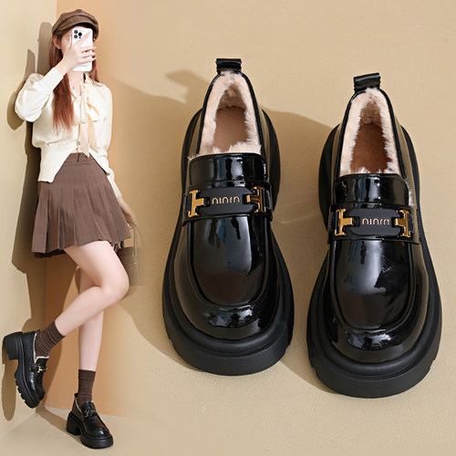 厚底增高加绒小皮鞋乐福鞋棉鞋